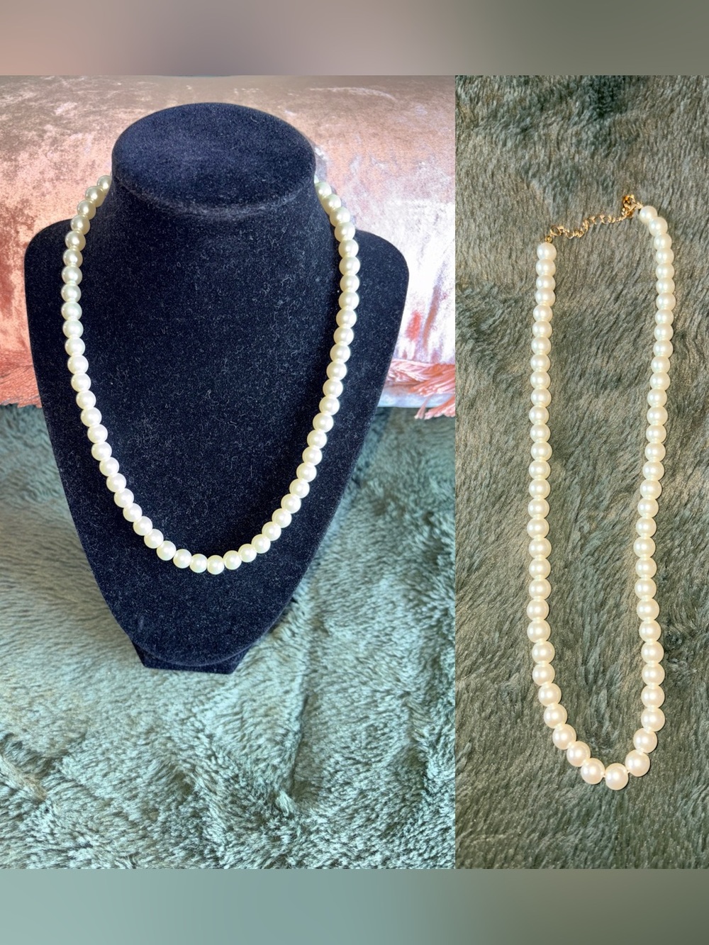 NWT Classic Pearl Necklace White faux Strand 19”- 21” adjustable gold tone clasp